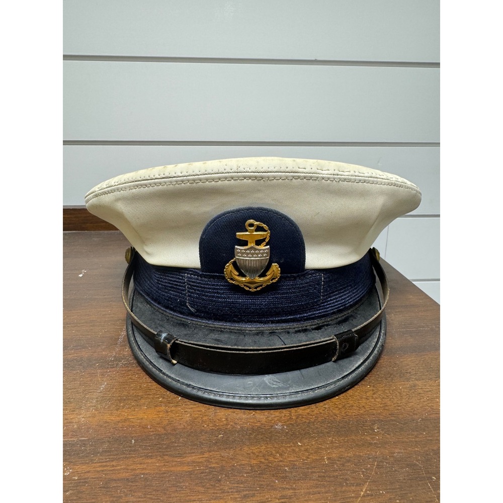 Vintage US Coast Guard USCG Officer Combination Cover Hat White Blue Size 7